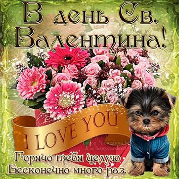 Собачка и цветы на День Святого Валентина