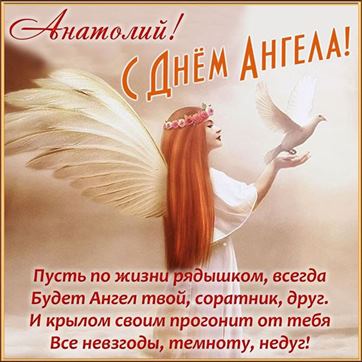 Оригинальная картинка с голубем в руках ангела на именины Анатолия