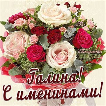 Трогательная открытка с большим букетом роз для Галины на именины