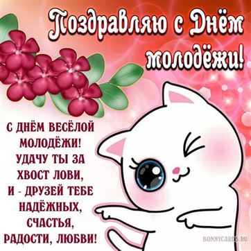 Милая открытка с поздравлением и котиком День молодёжи