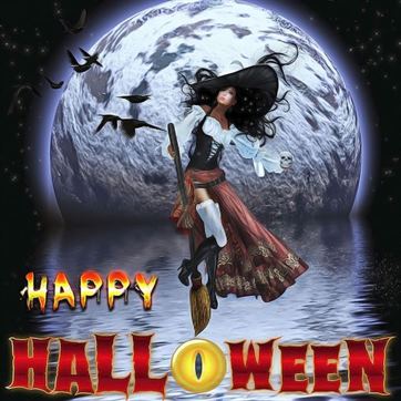 Открытка на Хеллоуин с ведьмой на фоне луны