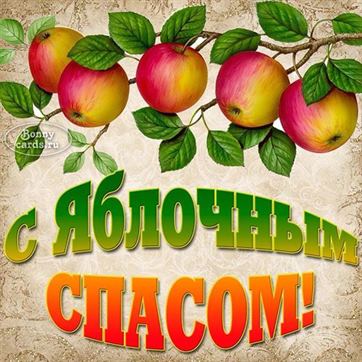 Оригинальная открытка на Яблочный Спас с красно-желтыми яблоками