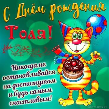 Прикольная открытка с котом на День рождения Анатолия