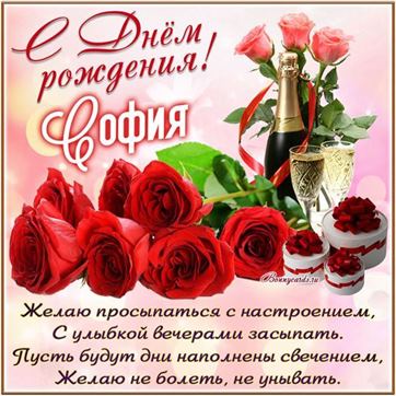 Открытка с розами и шампанским на День рождения Софии