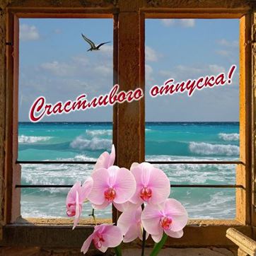 Красивая открытка на отпуск с морем в окне