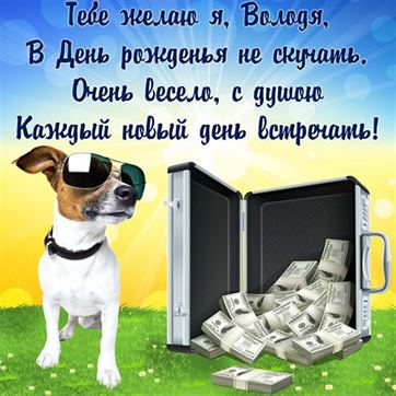 Прикольная открытка с собакой и кейсом для Владимира